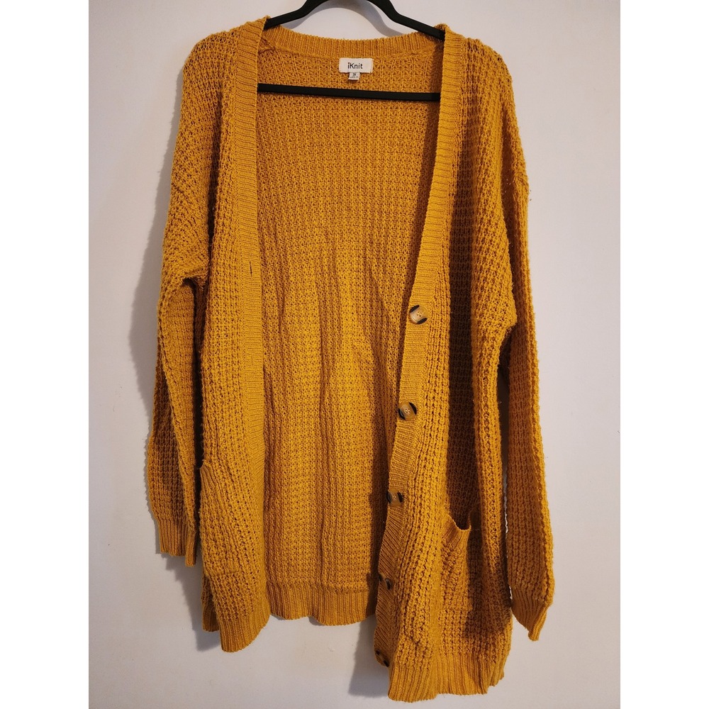 iKnit Womens Mustard Yellow Waffle Knit Button Front Cardigan Sweater 3X